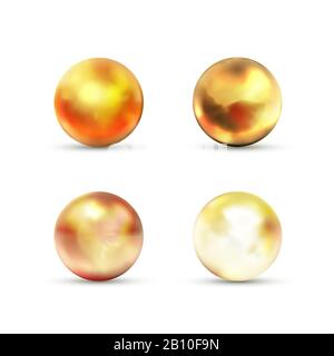 Set di palle di marmo lucido giallo con riflessi su bianco Illustrazione Vettoriale