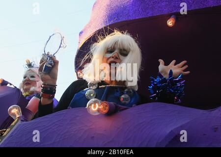 New Orleans, Louisiana, Stati Uniti. 21st Feb, 2020. Una signora su un galleggiante interagisce con la folla durante la parata Krewe of Muses a New Orleans della Louisiana, Stati Uniti, il 21 febbraio 2020. La sfilata Krewe of Muses offre cultura popolare, moda e barzellette locali. Credito: Weilan/Xinhua/Alamy Live News Foto Stock