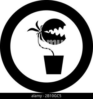 Pianta carnivora Flytrap Monster con teeth in vaso icona in cerchio rotondo nero colore vettore illustrazione piatto stile semplice immagine Illustrazione Vettoriale