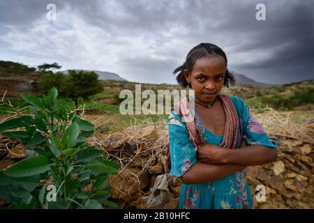 Ragazza etiope con acconciatura tradizionale del Tigray, Etiopia Foto Stock