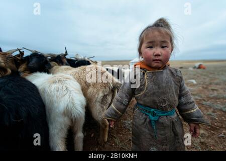 Figlia di una famiglia nomade mongola nel deserto del Gobi, Mongolia Foto Stock