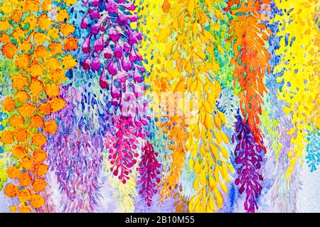 Abstract Originale acquerello paesaggio dipinto di fiori colorati fantasia di fiori di bellezza ed emozioni a sfondo blu. Foto Stock