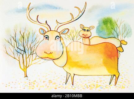 Illustrazione acquerello incantevole cartone animato di deers e alberi sfondo. Foto Stock