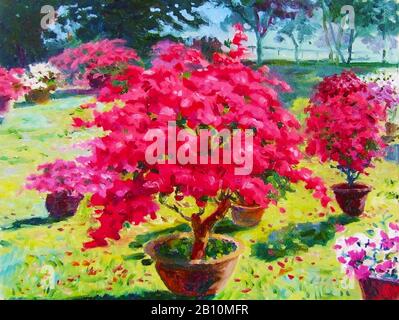 Pittura colore dell'olio paesaggio originale colorato di carta fiore albero ed emozione al giardino in cielo sfondo Foto Stock