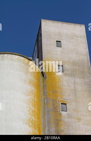 Concrete Tower Attaccato Ad Un Cemento Silo Contro Un Cielo Blu. Preso a Southampton Docks UK Foto Stock