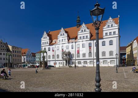 Mercato con municipio a Wittenberg, Sassonia-Anhalt, Germania Foto Stock