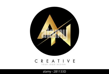 Un logo A N Golden Letter con un taglio creativo. Logo creativo con sfondo cerchio nero. Illustrazione Vettoriale
