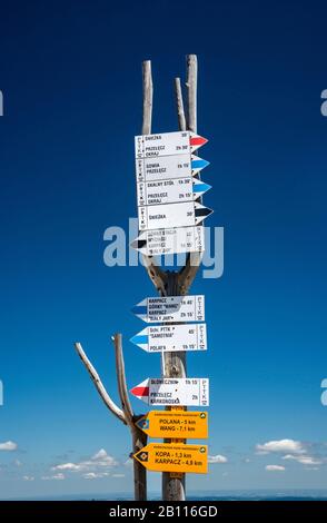 Segnaletica per sentieri escursionistici al Sentiero dell'amicizia Polacco-Ceco, lungo il confine polacco e ceco, sulle montagne di Karkonosze, Bassa Slesia, Polonia Foto Stock