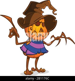 Scarecrow con testa di zucca in un cappello di strega e stracci. Testa di zucca in stile cartone animato con le mani. Vettore isolato Illustrazione Vettoriale