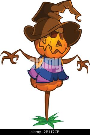 Scecrow con testa di zucca in un cappello di strega. Stile cartone animato. Vettore isolato Illustrazione Vettoriale