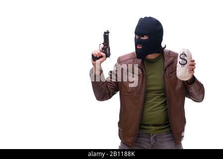 Il rapinatore indossando passamontagna isolati su sfondo bianco Foto Stock