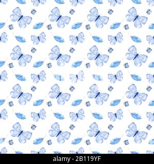 Acquerello Farfalle sfondo. Modello disegnato a mano. Illustrazione isolata. Bellezza in natura. Sfondo per tessuto, tessile, Stampa e invito Foto Stock