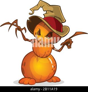 Scarecrow con testa di zucca in un cappello di strega e stracci. Testa di zucca in stile cartone animato con le mani. Vettore isolato Illustrazione Vettoriale