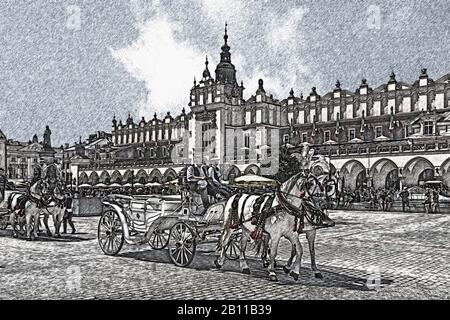 Carrozze trainate da cavalli attendono i turisti sulla Piazza del mercato. Il Cloth Hall si trova nel centro della Piazza del mercato, Cracovia, Polonia, Europa Foto Stock