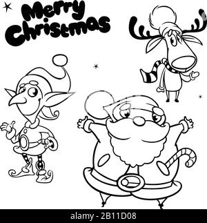 Delineò Laughing Babbo Natale, renne e elfo. Personaggi di Natale Illustrazione Vettoriale