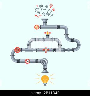 Generatore di idee. Macchina per la generazione di idee, macchine industriali per tubazioni con lampada per illuminazione. Concetto di vettore di processo aziendale Illustrazione Vettoriale