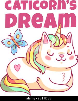 Poster unicorno Cat. Carino cartone animato canticorn, divertente cucciolo magico. Bambino ragazza vestiti stampa vettore Illustrazione Vettoriale