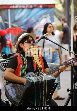 Canberra, Australia. 22nd Feb, 2020. Un musicista suona musica latina al 2020 National Multicultural Festival di Canberra, Australia, 22 febbraio 2020. Il festival, che si tiene dal 21 al 23 febbraio a Canberra, ha fornito un palcoscenico a varie culture in tutto il mondo e visitatori ipnotizzati con musica, spettacoli di danza e cibo delizioso. Credit: Liu Changchang/Xinhua/Alamy Live News Foto Stock