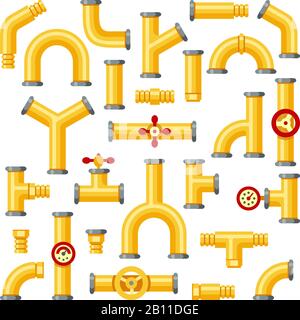 Gasdotto. Tubi industriali gialli, costruzione di tubi con valvole e tubazioni elementi isolati serie vettoriale Illustrazione Vettoriale