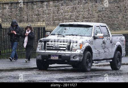 Una targa della città di Gotham su un'auto durante le riprese a Glasgow per un nuovo film per la serie di supereroi di Batman. Foto Stock