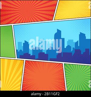 Città sulla pagina dei fumetti. Comics libro frames composizione su tracciato halftone sfondo. Illustrazione del layout del modello vettoriale dei libri cartoon Illustrazione Vettoriale