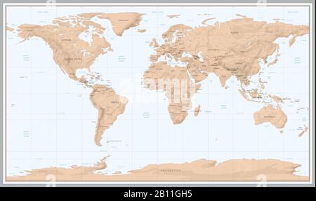 Mappa del mondo vintage. Paesi retrò confini su mappa topografica o marina. Mappe di navigazione dei vecchi continenti illustrazione vettoriale Illustrazione Vettoriale