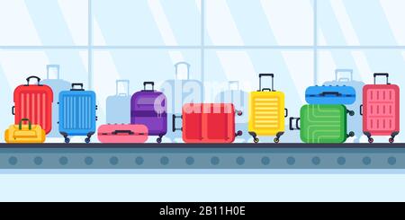 Trasportatore a nastro per bagagli. Valigie da viaggio sul carosello bagagli dell'aeroporto, illustrazione vettore valigia persa della compagnia aerea Illustrazione Vettoriale