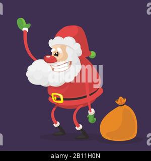 Divertente personaggio di Babbo natale cartoon con una borsa marrone con regali. Illustrazione del Vector Christmas Illustrazione Vettoriale