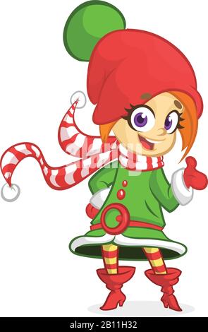 Cute Santa helper ragazza mostra su un bianco banner vuoto. Immagine del vettore cartoon isolata Illustrazione Vettoriale