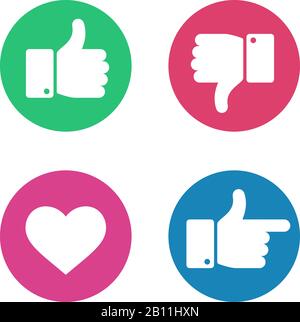 Pollice su giù segno. Puntare il dito e le icone del cuore in cerchio rosso e verde. I social media amano i pulsanti isolati del vettore di reazione dell'utente Illustrazione Vettoriale