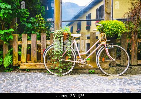 Bici rosa parcheggiata vicino alla vecchia recinzione in legno. Foto Stock