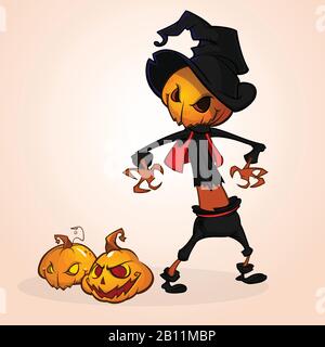 Immagine vettoriale cartoon di Jack o' Lantern con testa di zucca arancione, in un cappotto scuro e cappello di strega in piedi sfondo bianco. Halloween. Illustrazione del vettore Illustrazione Vettoriale