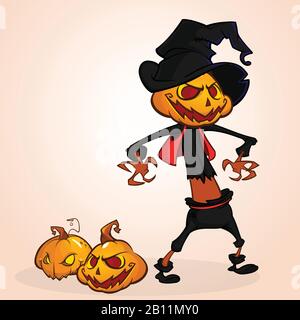 Immagine cartoon di Jack o' Lantern con testa di zucca arancione, in un cappotto scuro e cappello di strega in piedi sfondo bianco. Halloween. Illustrazione del vettore. Illustrazione Vettoriale