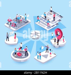 3d persone di marketing isometrico. Mercato dei social media, interessi rappresentanti dei gruppi target e clienti aziendali mappa vettore concetto Illustrazione Vettoriale