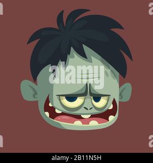 Immagine vettoriale di un divertente zombie grigio con testa grande che spaventa qualcuno su uno sfondo scuro. Apocalisse; morto; Halloween. Illustrazione Vettoriale