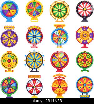 Ruota della fortuna. Girando Lucky spin ruote gioco, spinning denaro roulette isolato piatto vettore set Illustrazione Vettoriale