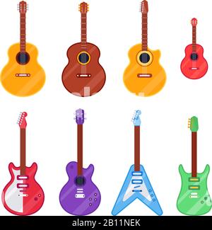 Strumento per chitarra piatta. Ukulele, chitarre acustiche classiche e rock elettriche. Strumenti musicali a corda Set di cartoni animati vettoriali isolati Illustrazione Vettoriale