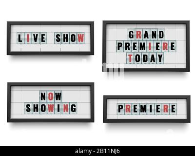 Cartello retro lightbox. Annuncio del tabellone di fanale per l'annuncio di film o teatro. Set di illustrazioni vettoriali Illustrazione Vettoriale