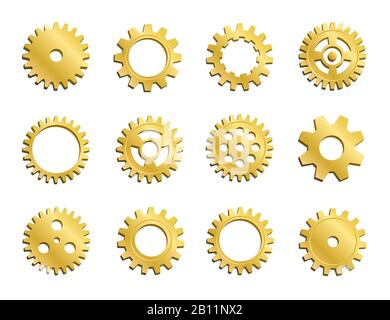 Collezione Di Ruote Dentate Vector Clockwork. Set Di Ruote Dentate E Ingranaggi In Oro, Icone Volumetriche Dorate, Configurazione Diversa, Dettagli Meccanici Rotondi. Marcia Illustrazione Vettoriale