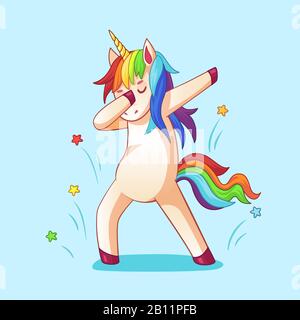 Dabbing unicorno. DAB danza meme posa, cavallo sognante in fresco bicchieri. Immagine vettoriale dei cartoni animati di Memi Dance Illustrazione Vettoriale