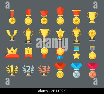Icone dei premi. Coppa Golden Trophy, calici premio e premio vincente. Medaglie piatte premia i simboli vettoriali Illustrazione Vettoriale