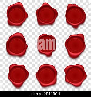 Francobolli di cera. Francobollo retrò, busta rossa postmark cachet e postale paraffinatura vettore isolato set Illustrazione Vettoriale