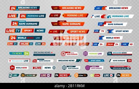 Titolo trasmissione TV. Televisione canali di trasmissione banner, show titles e news live video banner vettore set Illustrazione Vettoriale