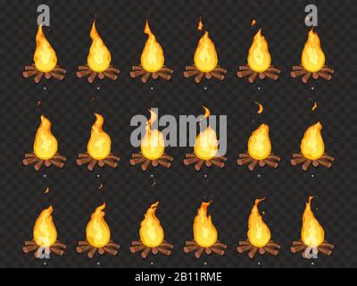 Animazione del falò in fiamme. Fuoco caldo, falò all'aperto e falò cartoni animati vettore di sprite isolati cornici Illustrazione Vettoriale
