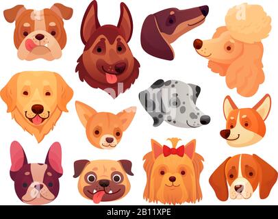 Cute cane faccia. Cuccioli animali, cani animali razza e cuccioli teste vettore illustrazione set Illustrazione Vettoriale