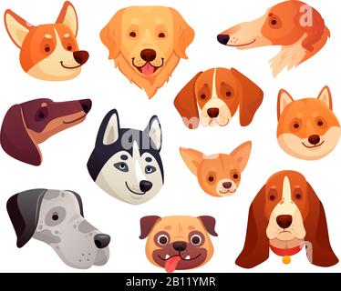 Testa del cane del cartone animato. Divertente puppy cucciolo musetto, sorridente cane viso e cani isolato vettore illustrazione raccolta Illustrazione Vettoriale