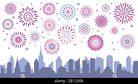 Fuochi d'artificio notte della città. Festoso fuoco recracker sopra la città s. Illustrazione Vettoriale