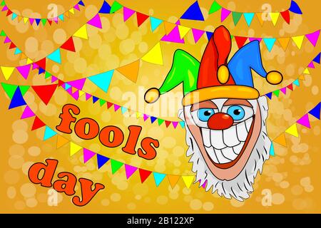 Banner di design per aprile Fools Day con jester pazzo e garlands. Poster modello per le vacanze di scherzi, spettacolo circus. Carta del vettore Red Nose Day.Stock Illustrazione Vettoriale