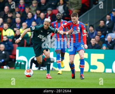 Londra, Regno Unito. 22nd Feb, 2020. L-R Newcastle United detiene Joelinton di James McCarthyduring, Premier League inglese tra Crystal Palace e Newcastle United presso il Selhurst Park Stadium, Londra, Inghilterra, il 22 febbraio 2020 Credit: Action Foto Sport/Alamy Live News Foto Stock