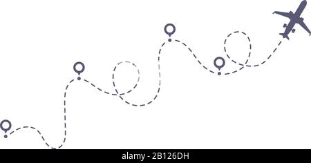 Linea del percorso in aereo punteggiato. Percorso del turismo di volo, voli aerei Itinerario partenza pin verso destinazione punto vettore illustrazione Illustrazione Vettoriale